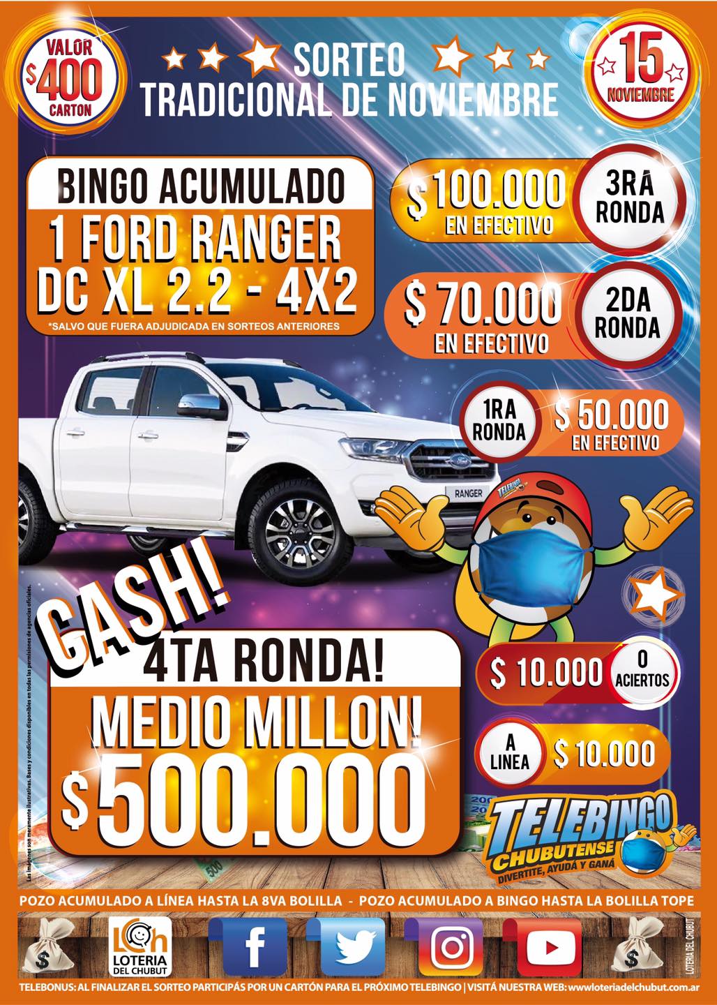 Lotería del Chubut: El Telebingo pone en juego $ 800.000 y una camioneta Ford Ranger
