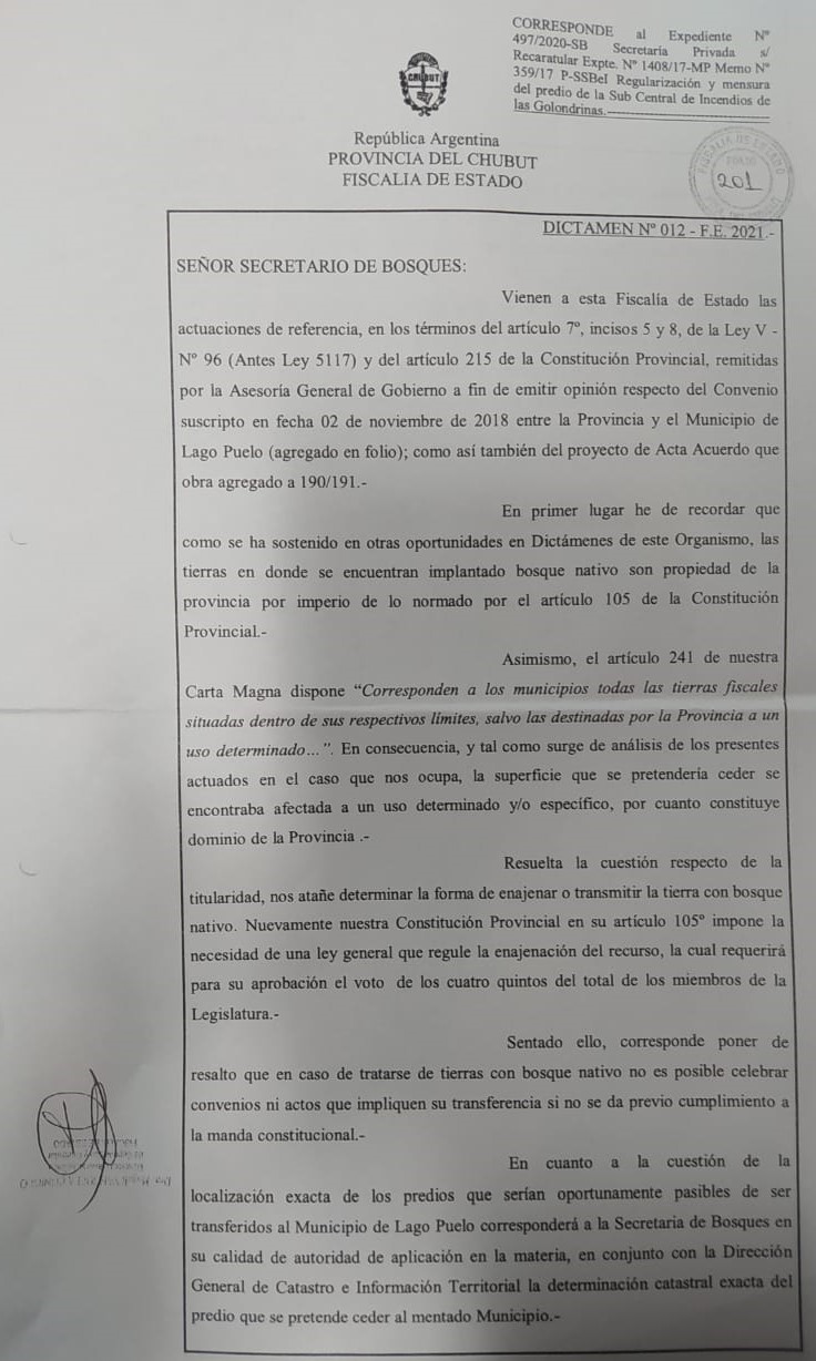 Un dictamen de Fiscalía de Estado asegura que la transferencia de tierras a Lago Puelo no puede darse por convenio y necesita el aval de 22 diputados
