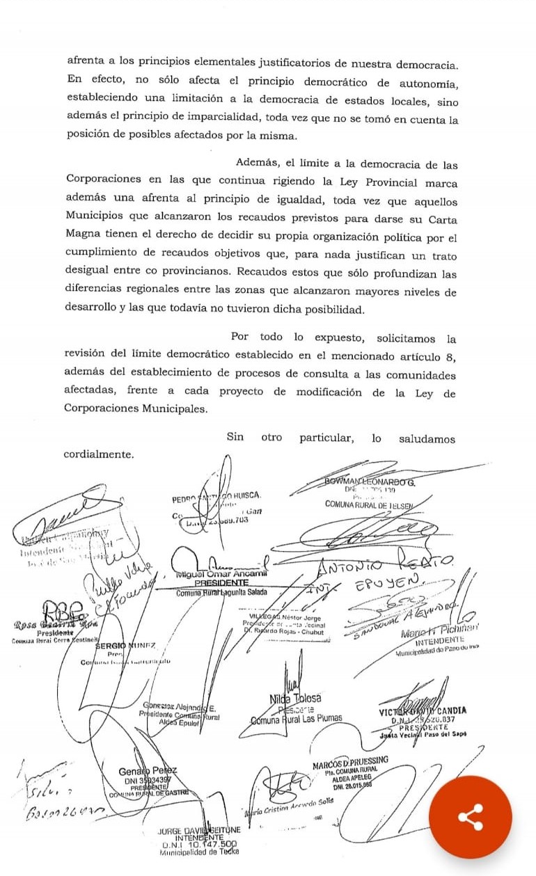Intendentes y jefes comunales piden a diputados dar de baja un artículo de la ley que impide la reelección indefinida de Chubut