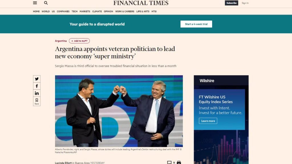 Aprobación mundial: El Financial Times destaca la incorporación de Massa al Gabinete como “miembro más moderado”